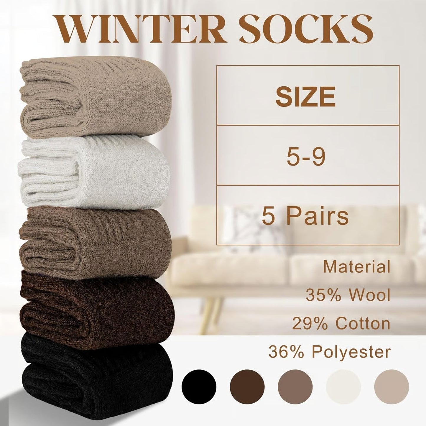 🧦 5 Pairs Women's Wool Socks - Warm Mid Socks